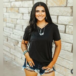 NEW LUCKY AND BLESSED Black Short Sleeve Curved Hem Relaxed Fit Pocket Tee Top